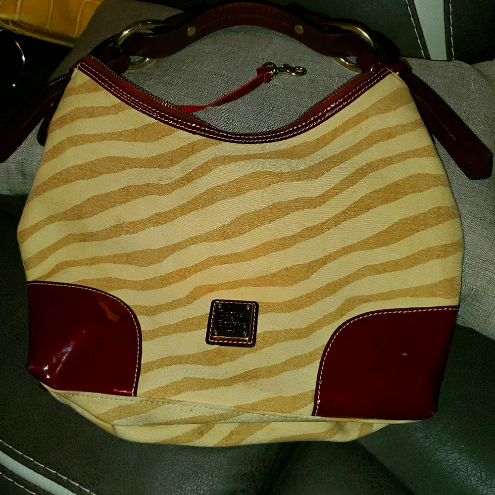 Cream and Tan Zebra Striped Burgundy Accent Purse